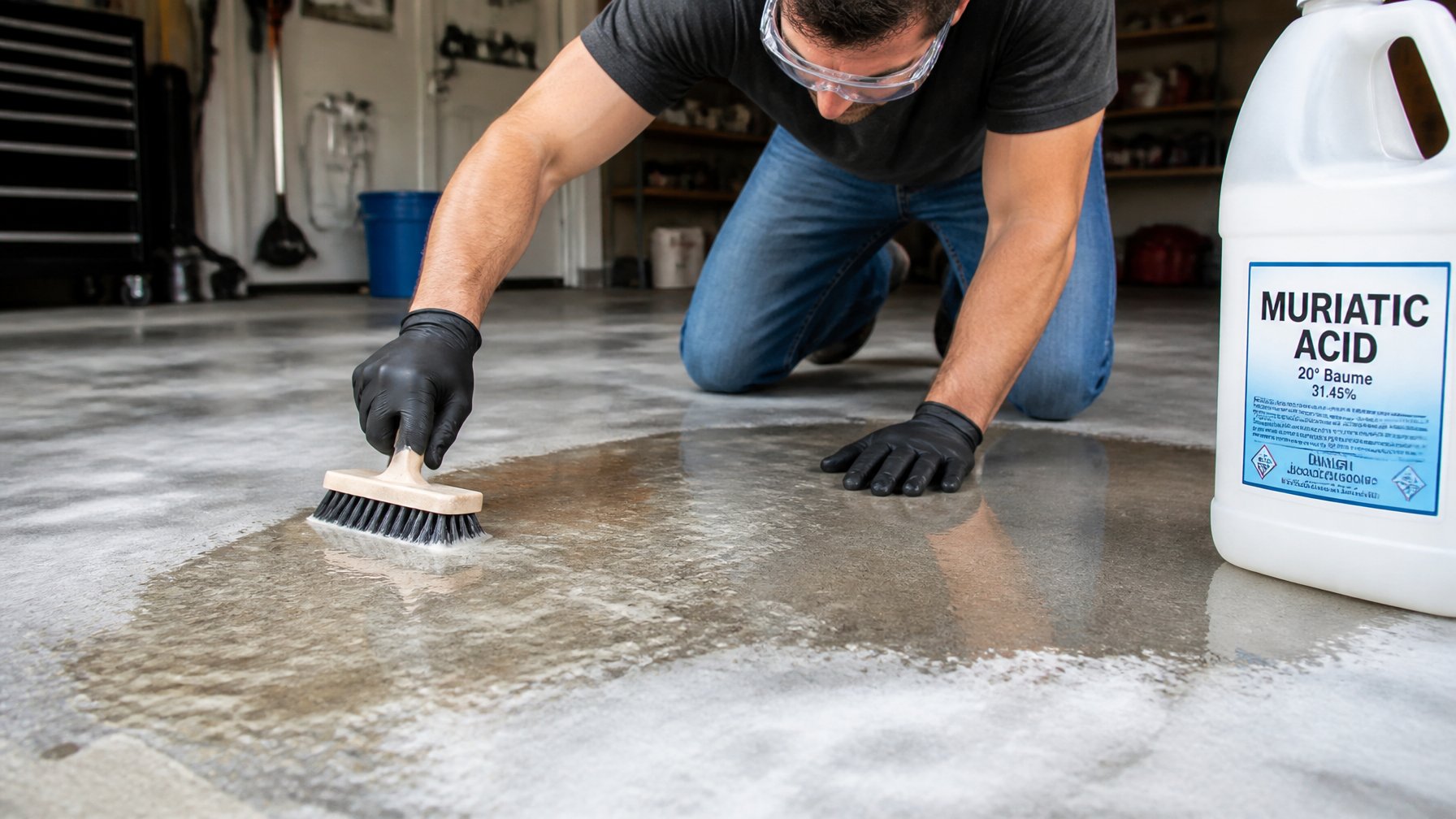 Person wearing gloves and safety goggles applying diluted acid to a garage floor for surface preparation.