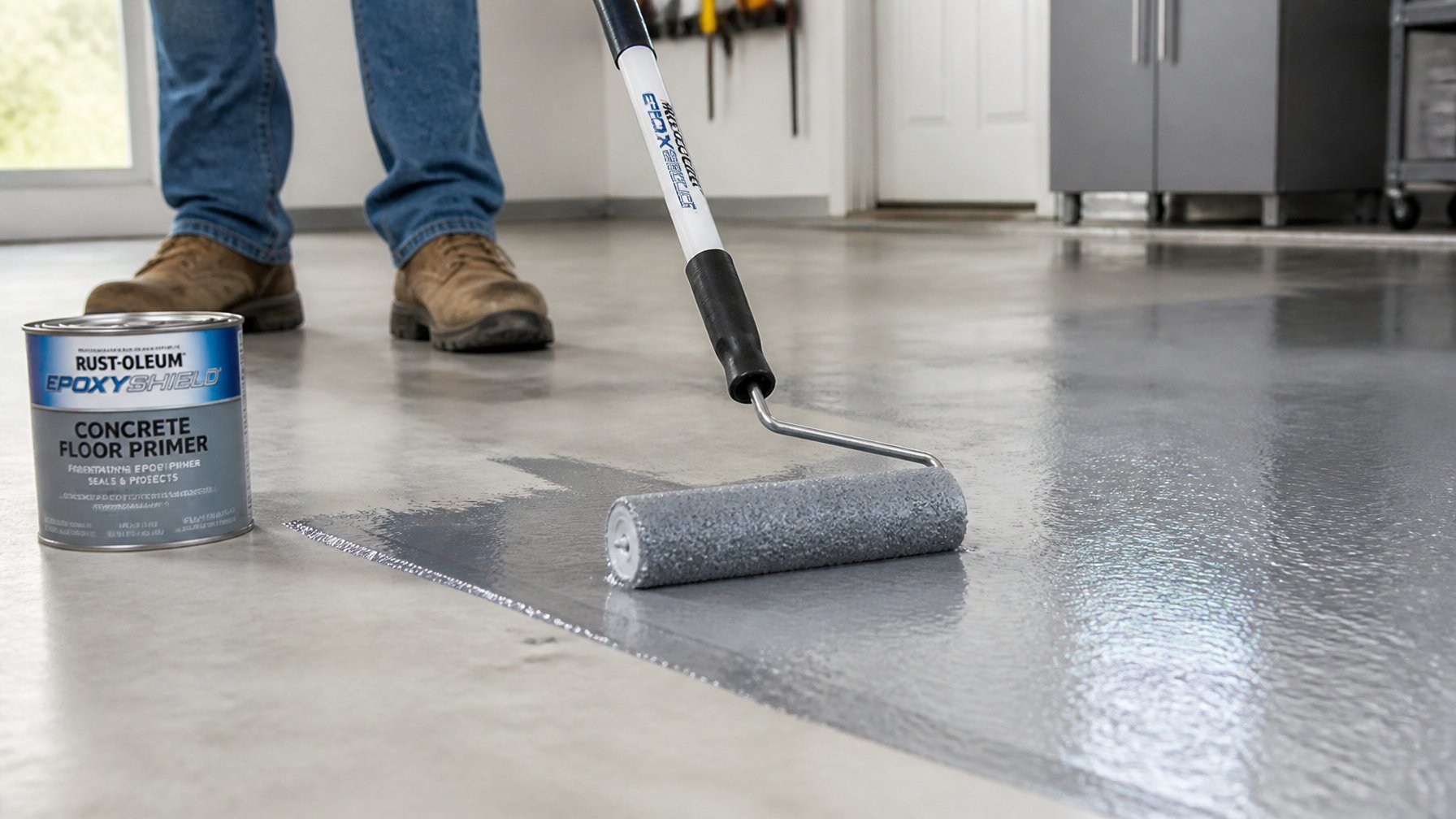 Person applying epoxy primer with a roller brush onto a clean garage floor.