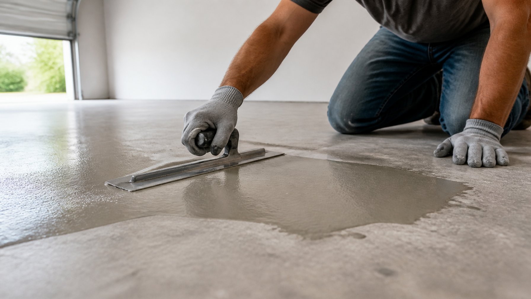 Close-up of a person applying a smoothing compound to a garage floor using a trowel.