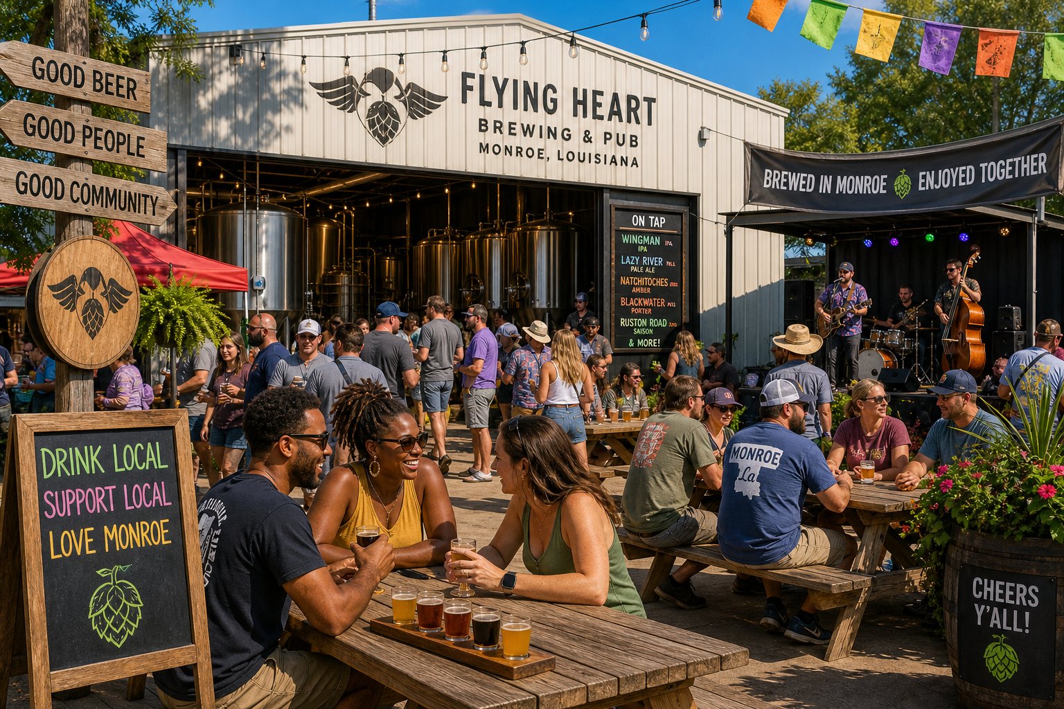 People enjoying a community event at a local craft brewery outdoors with tables, beer taps, and a live band.