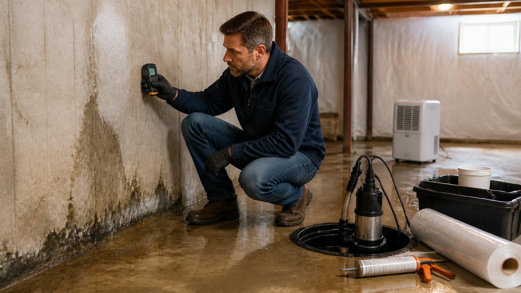 A person inspecting a damp basement wall with moisture meter surrounded by tools like a dehumidifier and waterproofing materials.