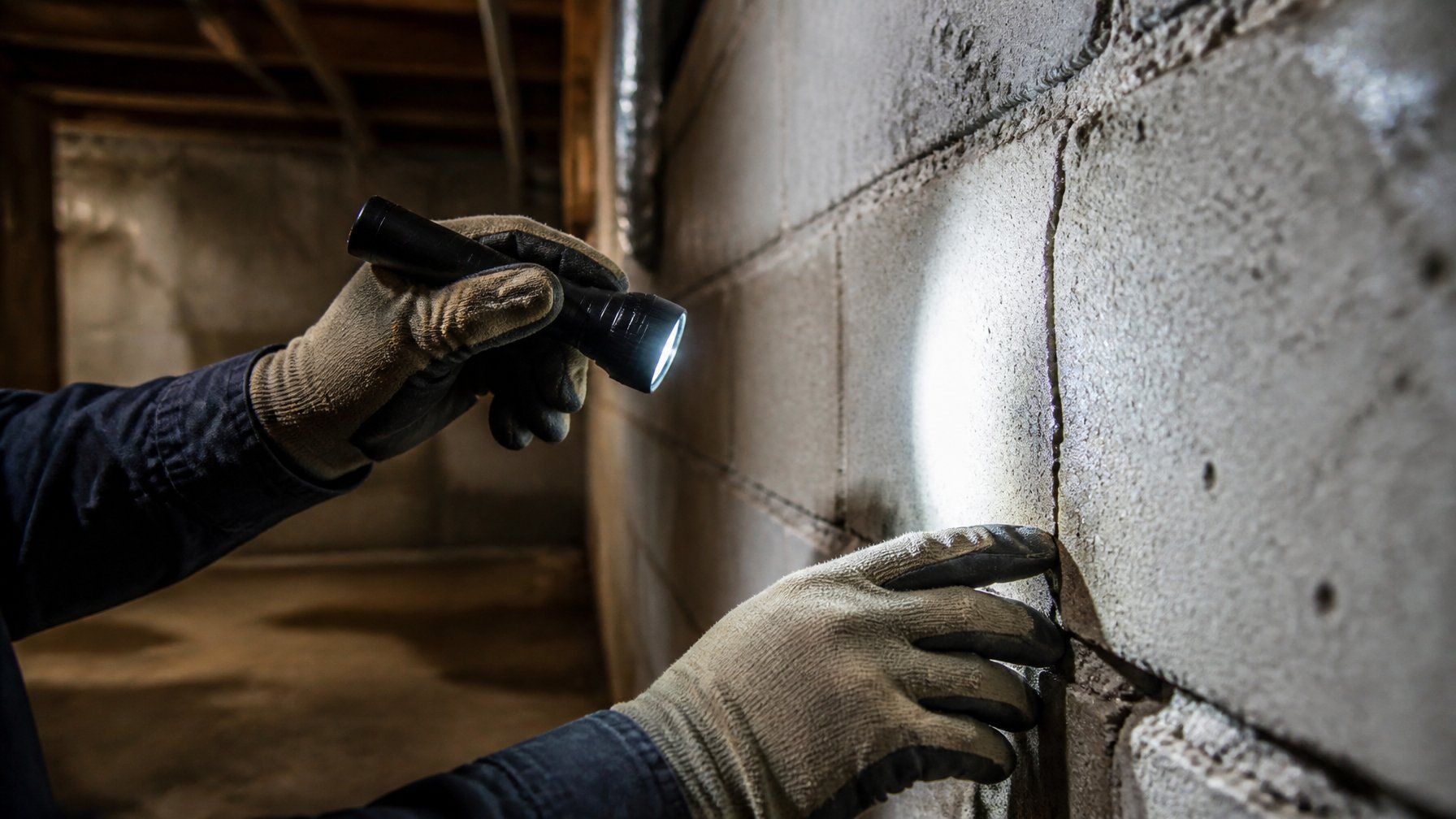 Hands inspecting a basement foundation wall for cracks and mortar gaps using a flashlight.