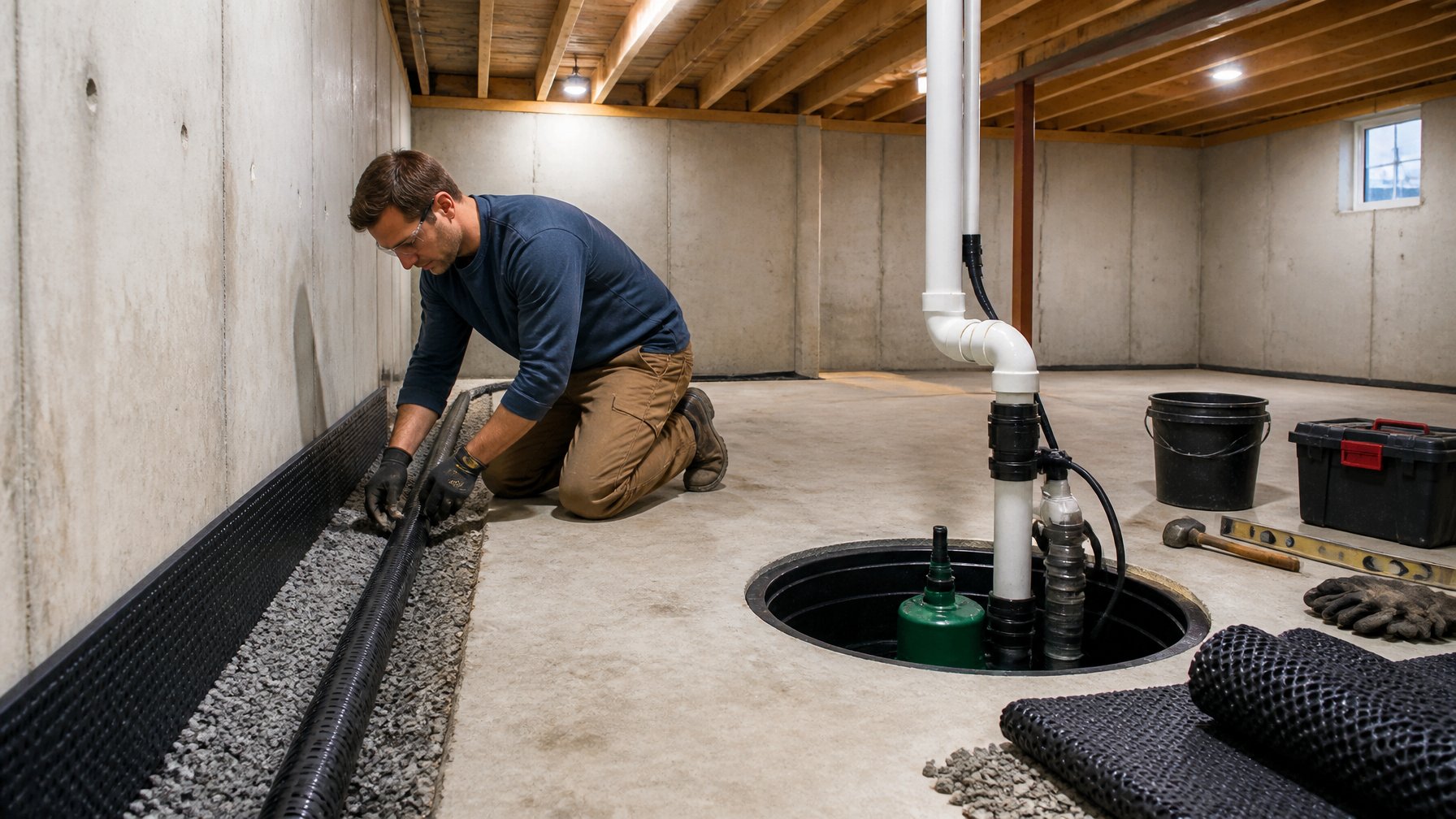 A worker installing a French drain and sump pump in a basement with concrete walls and floor.