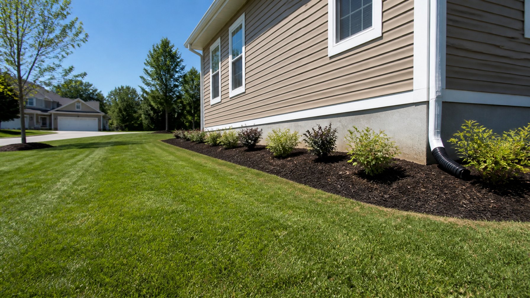 A house exterior showing soil sloping away from the foundation with grass and landscaping around it.