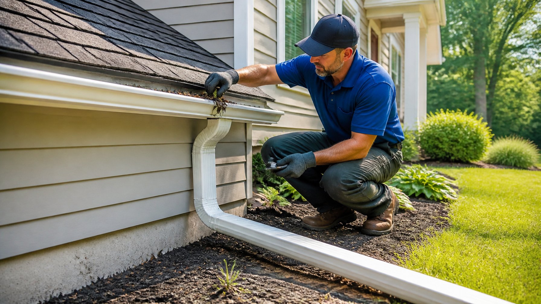 A worker cleaning gutters and extending downspouts away from a house to prevent basement moisture.