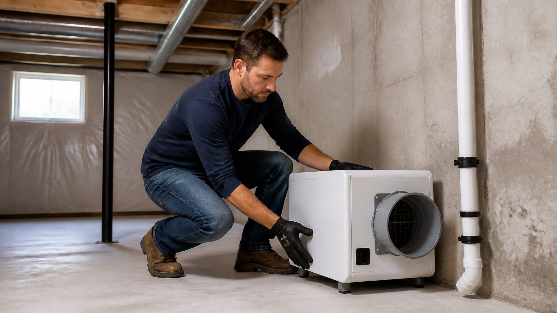 A person installing a dehumidifier in a clean basement with concrete walls and utility pipes.
