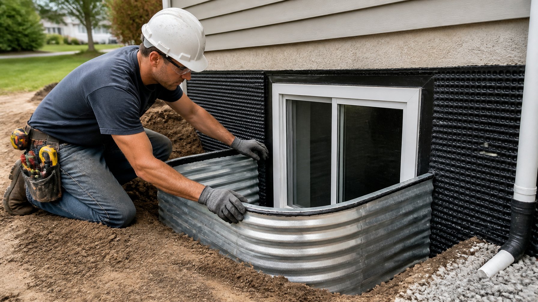 A worker repairing a basement window well and installing a sealed egress window on a house exterior.