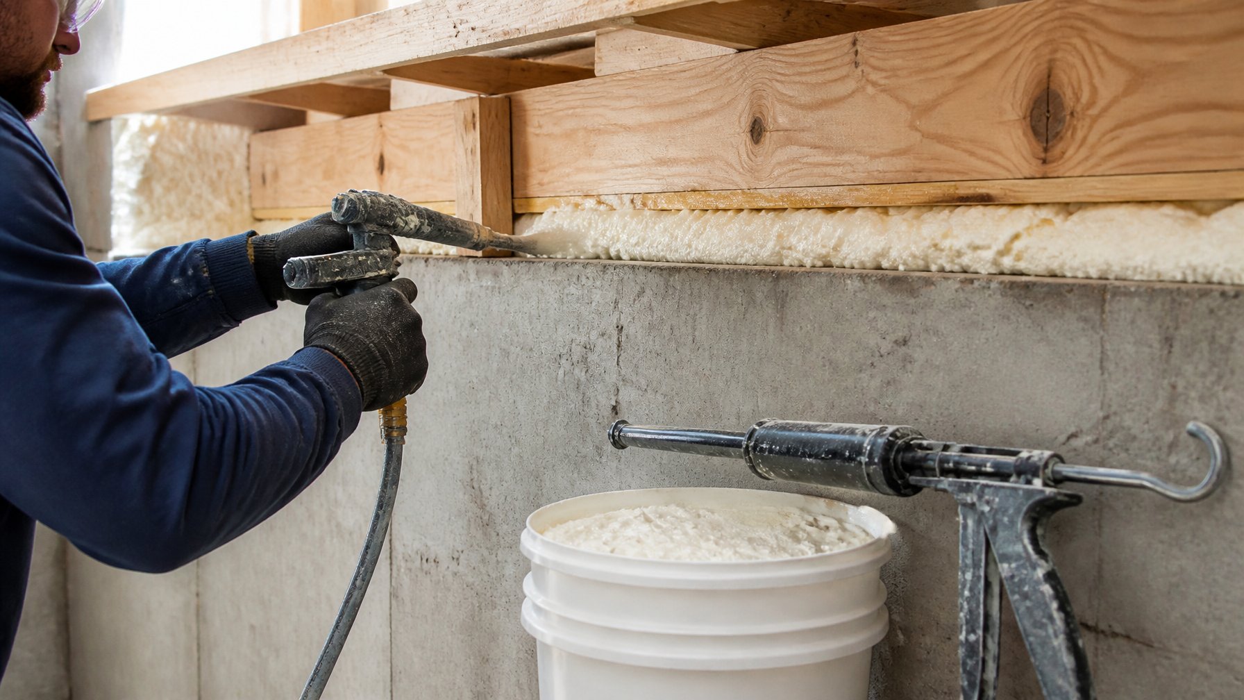 Close-up of a worker applying spray foam insulation to wooden rim joists in a basement with concrete walls, showing moisture sealing materials nearby.
