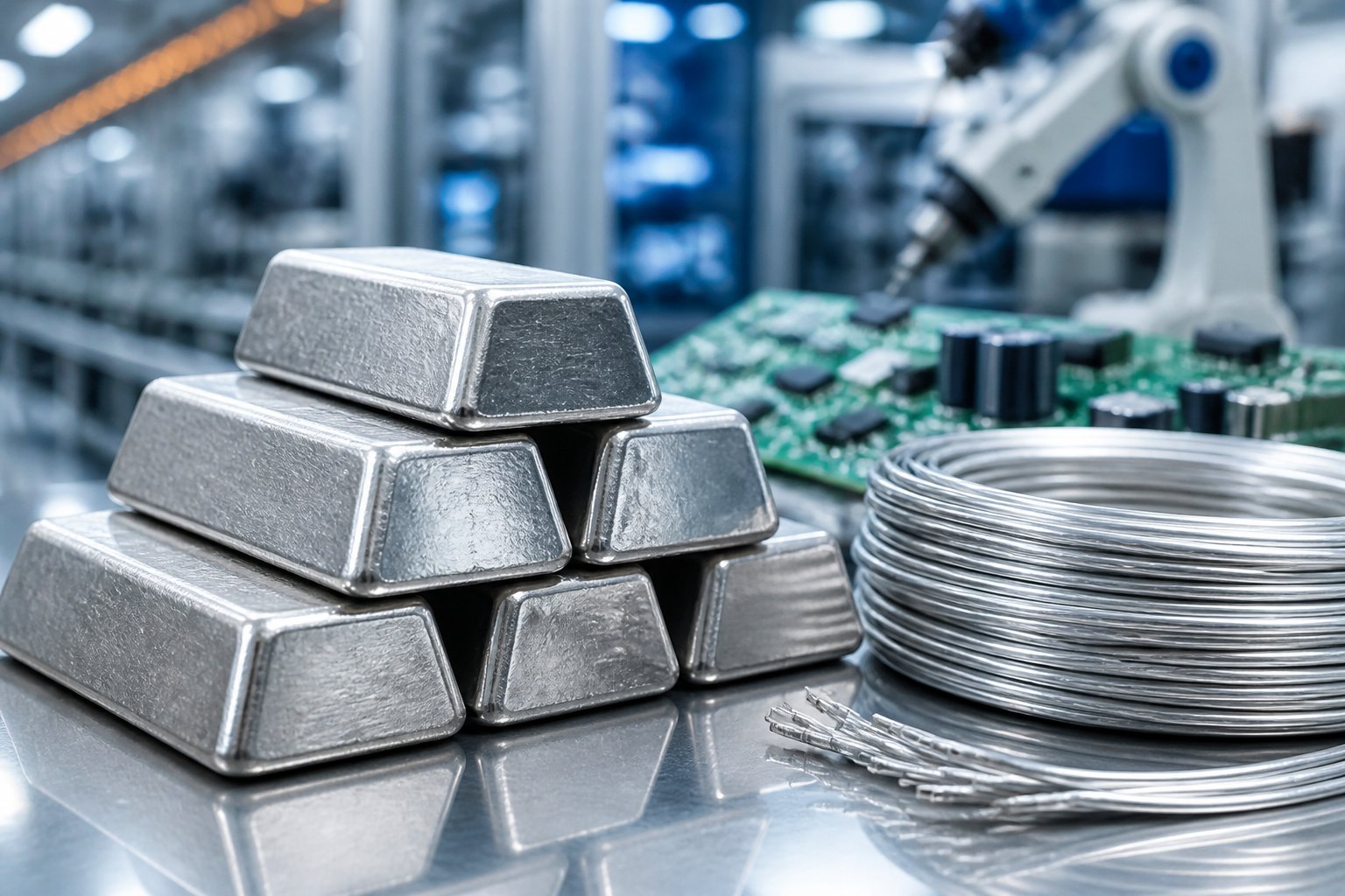 Close-up of silver ingots and wires with blurred industrial machinery and electronic components in the background.