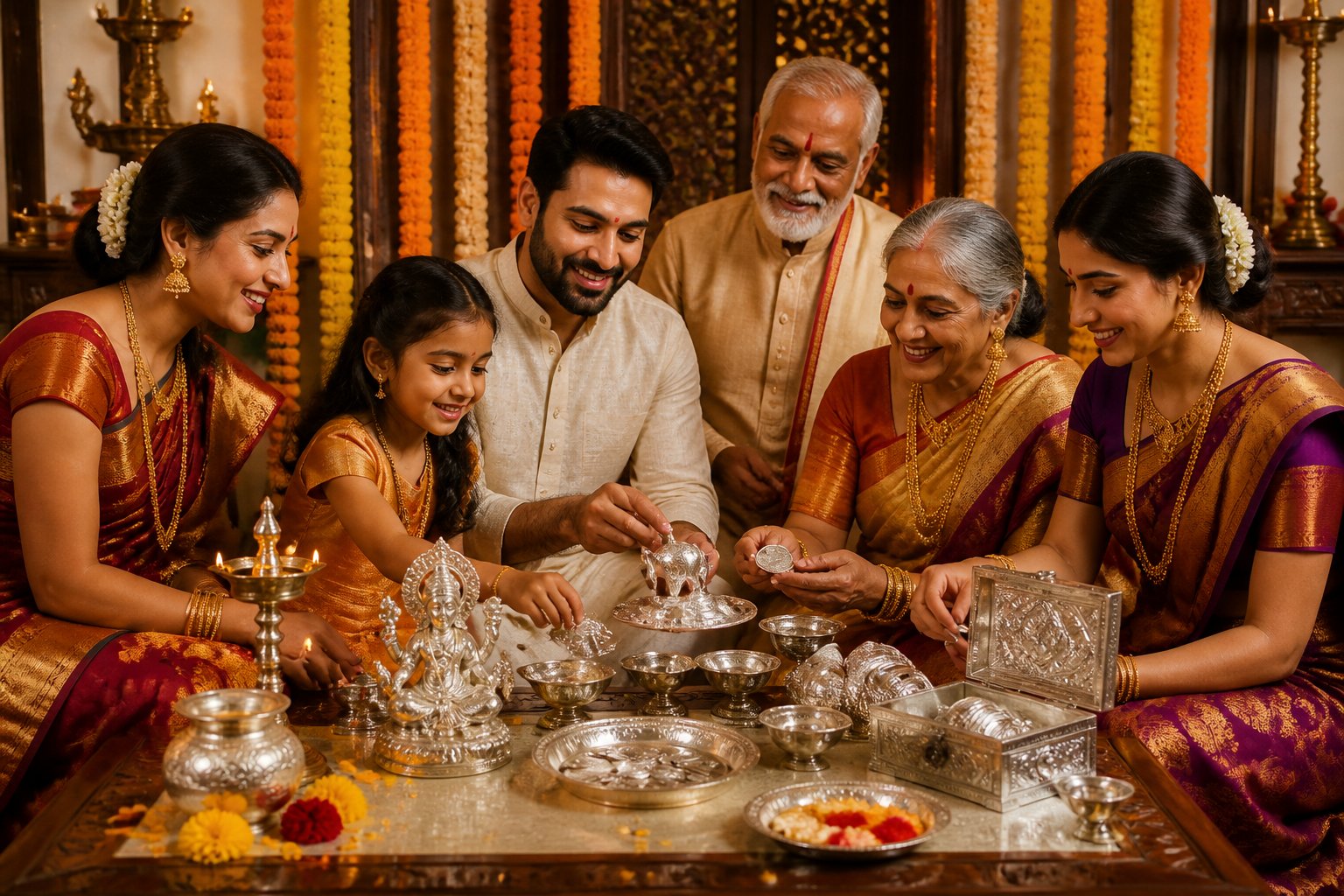 Indian family in traditional clothing gathered around a table with silver coins and jewelry during a cultural ceremony.