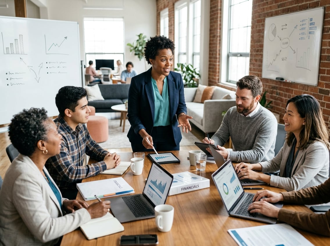 A diverse group of small business owners meeting around a table with laptops and documents, discussing alternative funding options in a bright office.