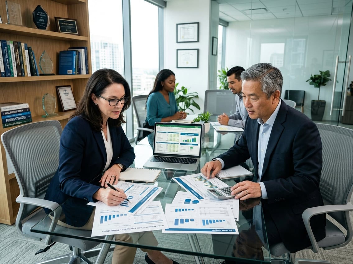 Business professionals reviewing financial documents together in an office meeting.