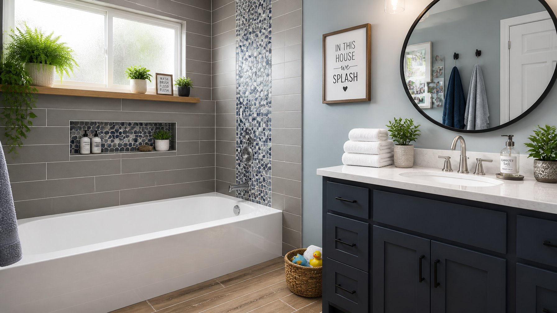 A bright bathroom with a white bathtub, various wall and floor tiles, green plants on a wooden shelf, and a marble countertop with towels and soap.