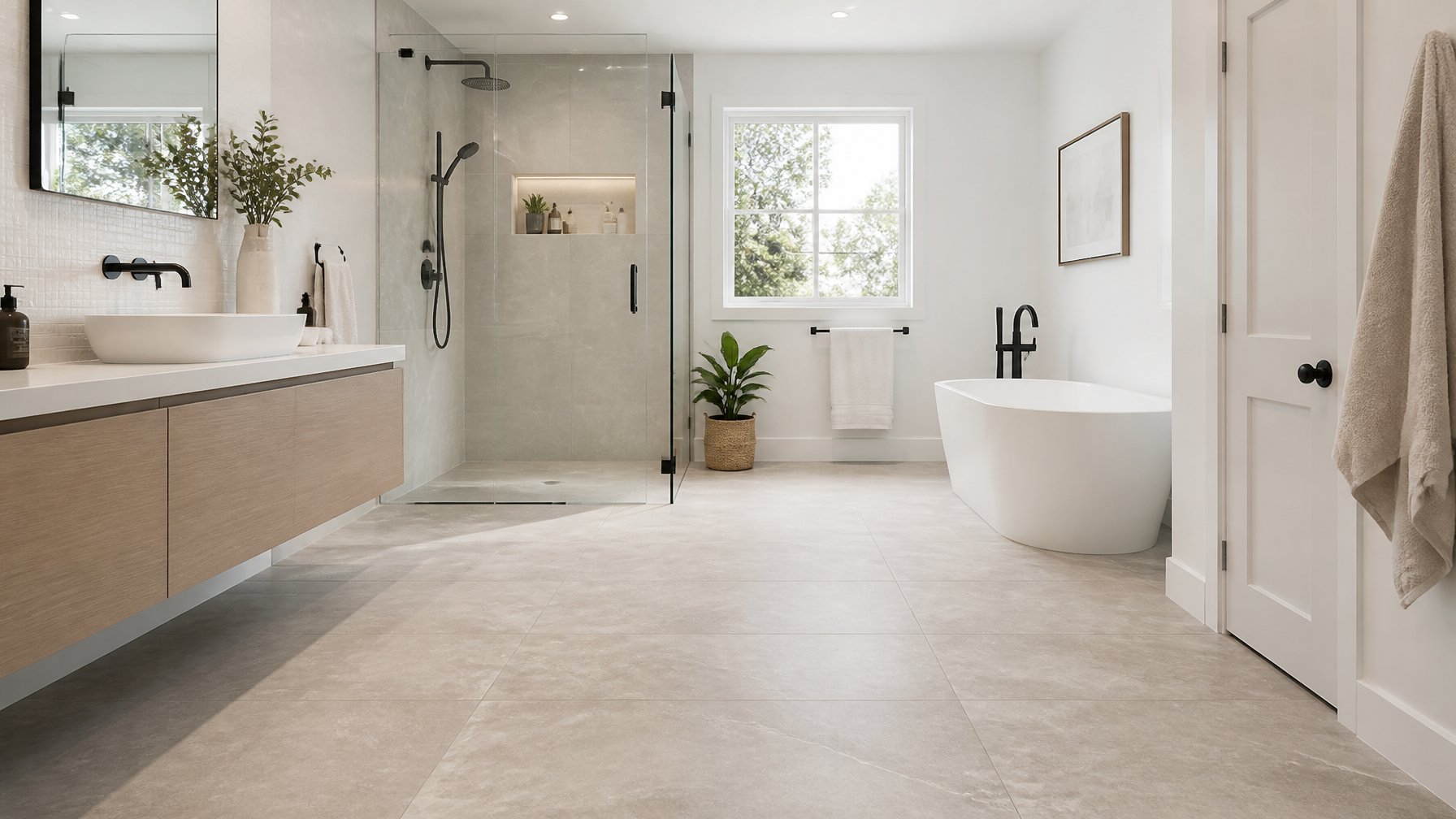 A clean, modern bathroom with large porcelain floor tiles, a floating vanity, and a glass shower.