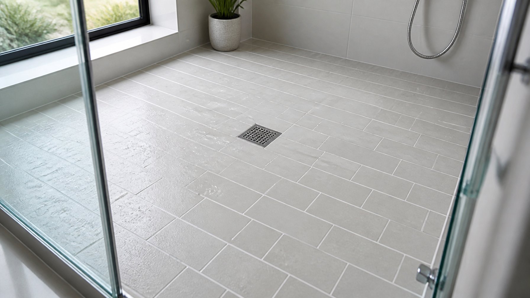 Close-up of a shower floor with matte-finish anti-slip subway tiles in a modern bathroom.