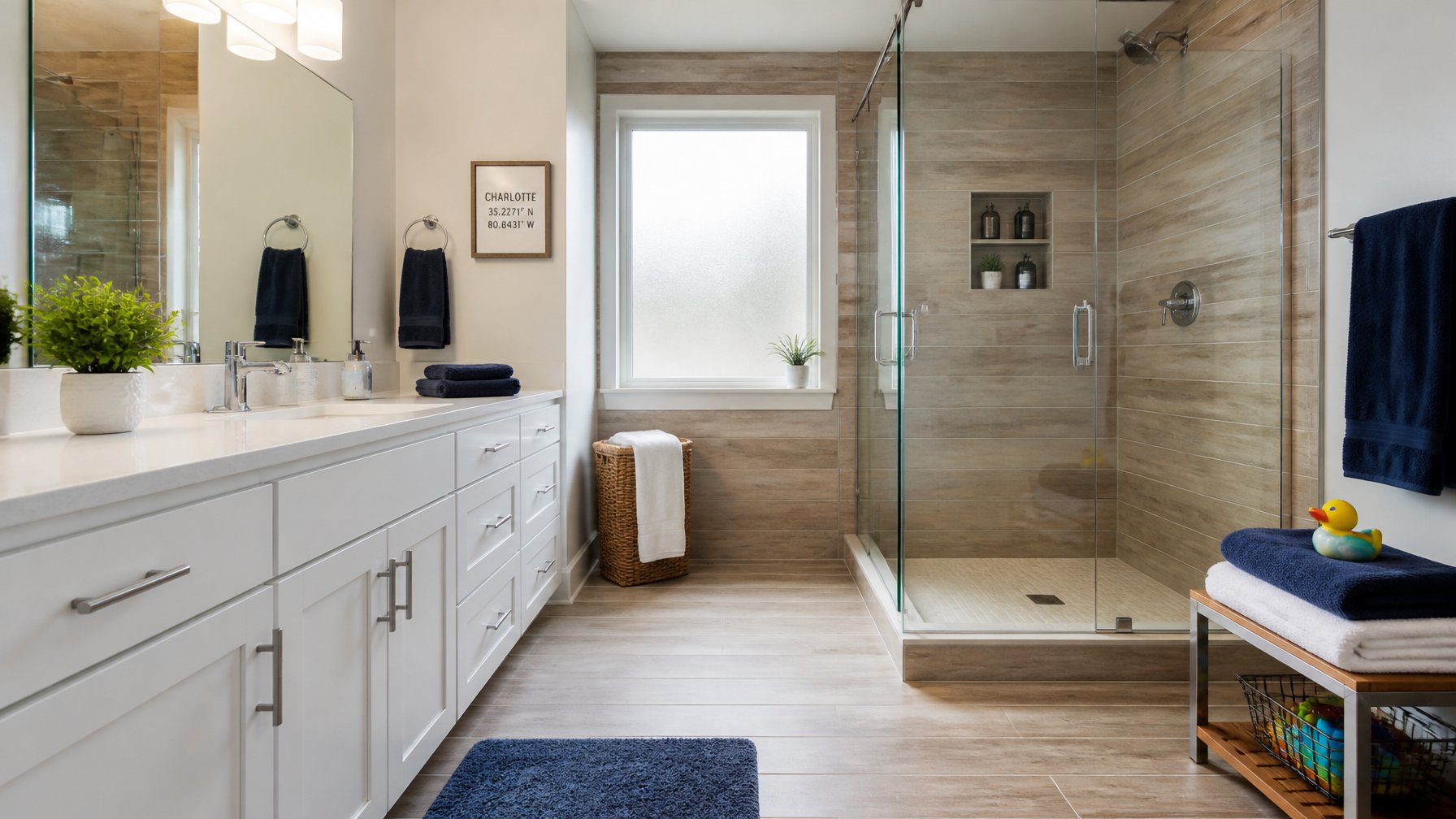 A modern bathroom with wood-look plank tiles on the floor and walls, a white vanity, walk-in shower, and natural light coming through a window.