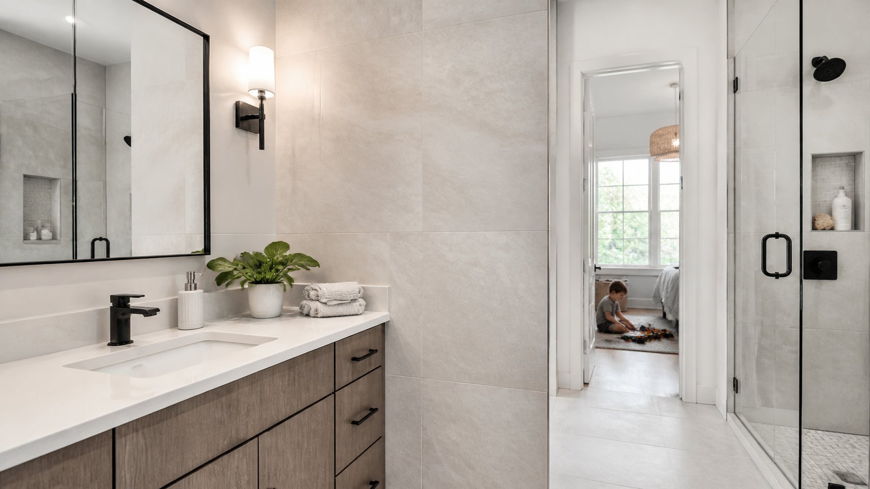 Close-up of a bathroom wall with large, smooth tiles and very thin grout lines, part of a modern bathroom interior.