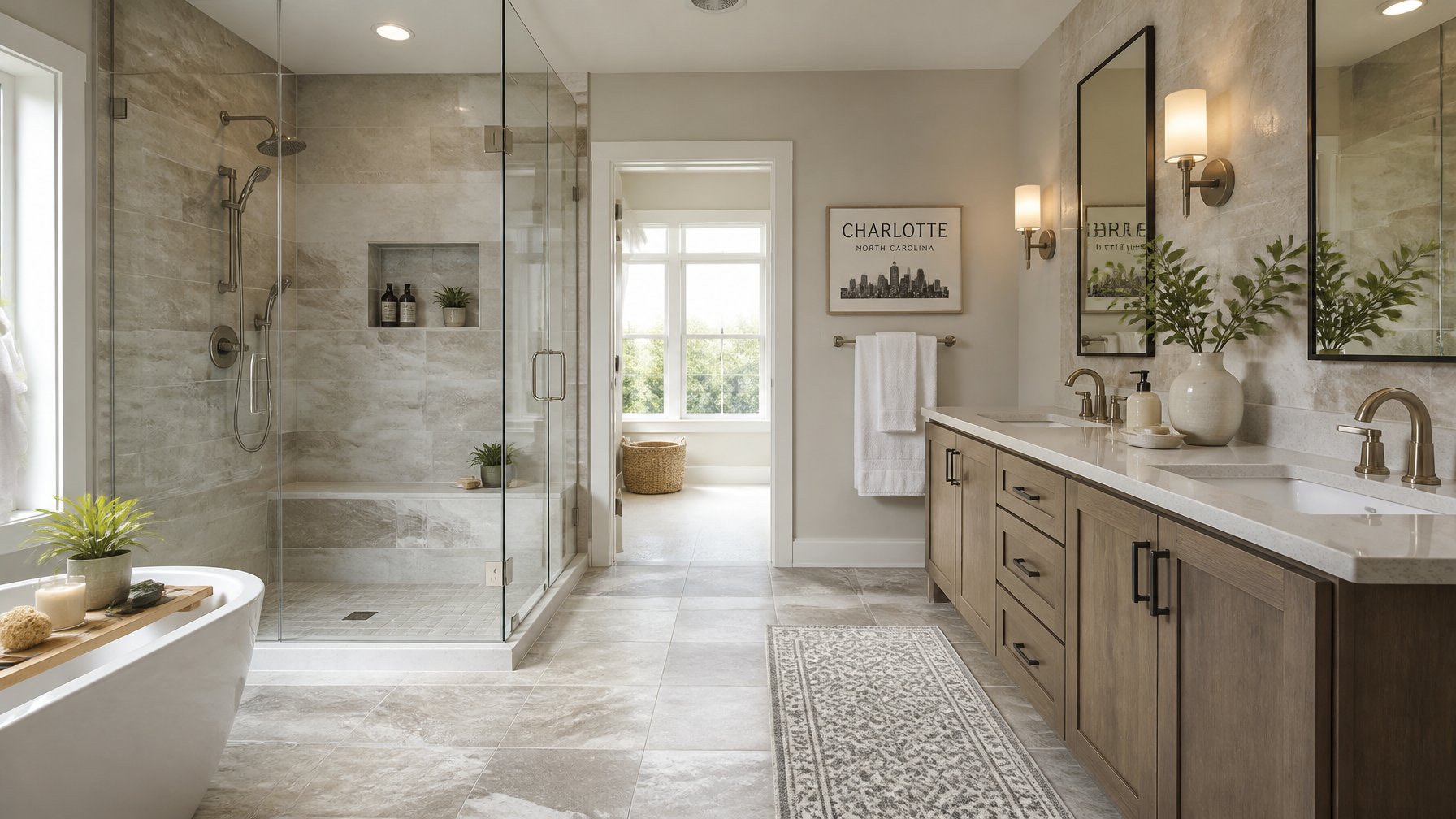 A modern bathroom with natural stone-look porcelain tiles, a walk-in shower, vanity, and bright natural lighting.