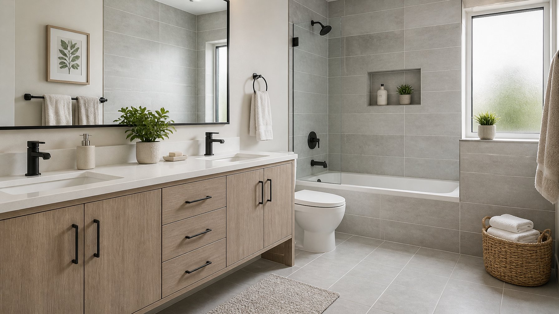 A modern bathroom with light-gray grout between ceramic tiles, a white vanity, mirror, and natural light coming through a window.