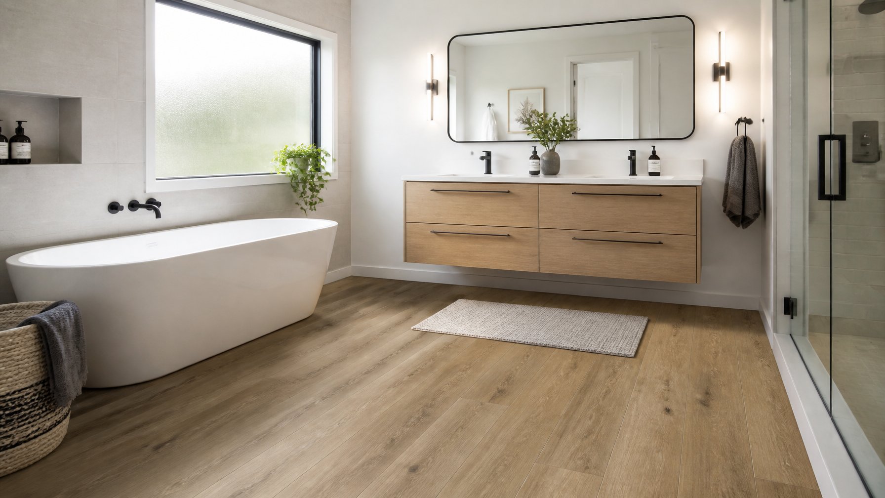 Upstairs bathroom with wood-look vinyl plank flooring, white bathtub, floating vanity, and a small plant near a frosted window.