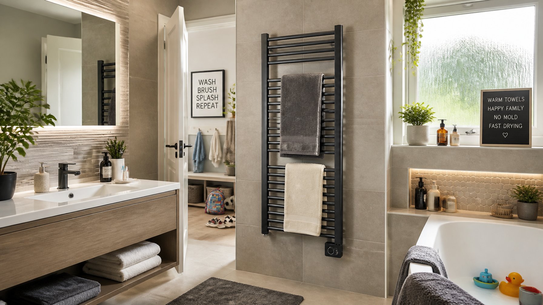 A modern bathroom with a heated towel rail on a tiled wall holding drying towels, bright natural light, and clean, organized surroundings.
