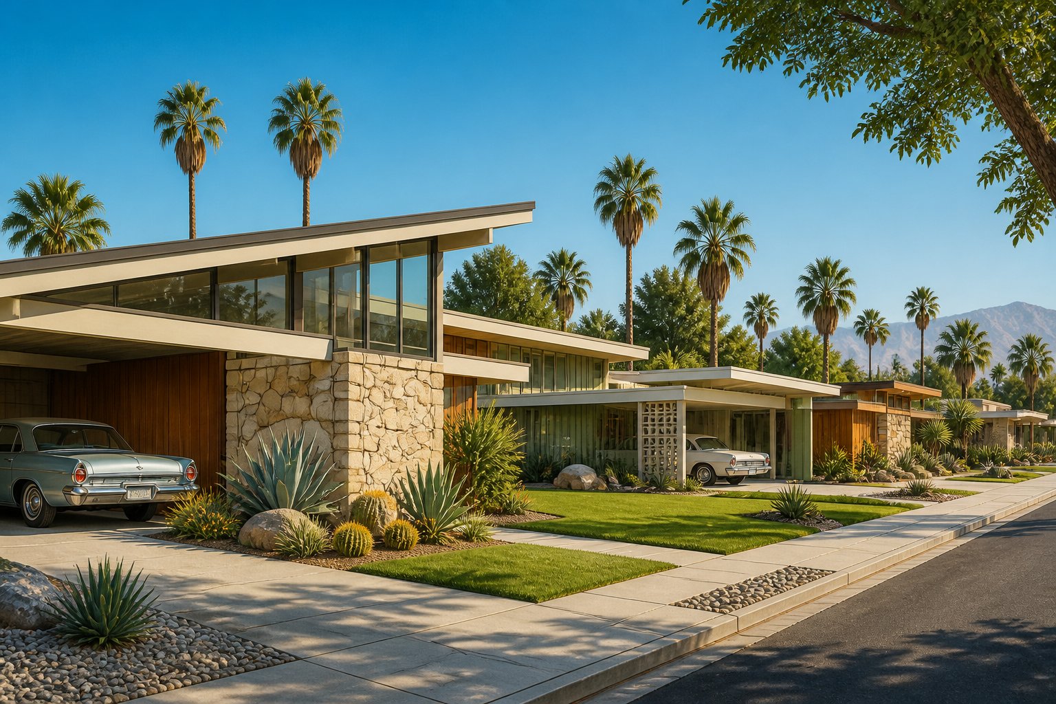 A sunny street view showing several modern single-story homes with large windows, surrounded by palm trees and neatly maintained lawns.