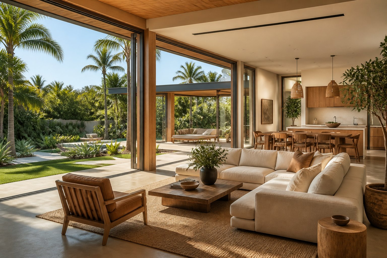 A bright and open home interior with large glass windows looking out onto a green garden filled with trees and plants.