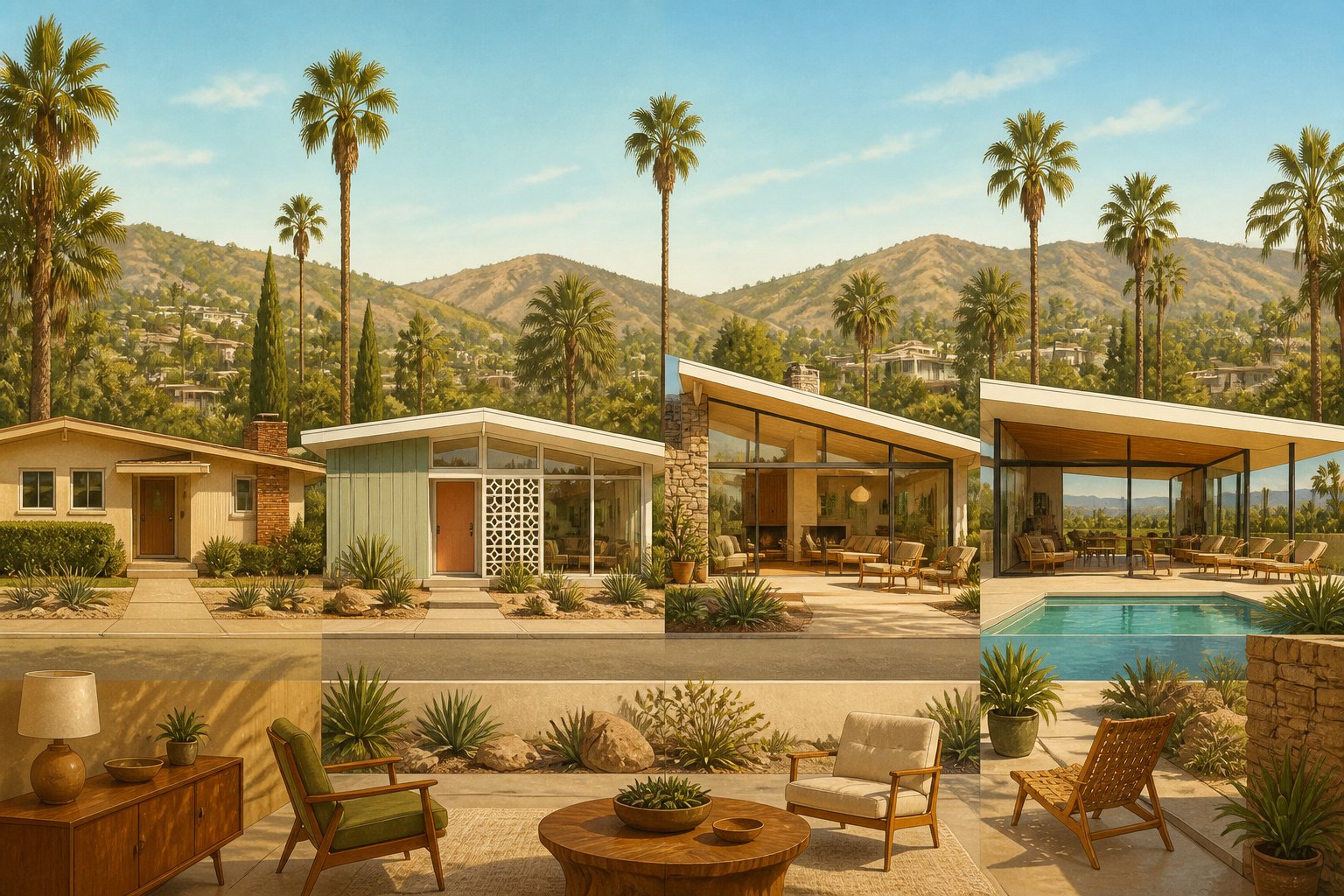 A row of mid-modern homes set in a sunny landscape with palm trees and hills under a clear blue sky.