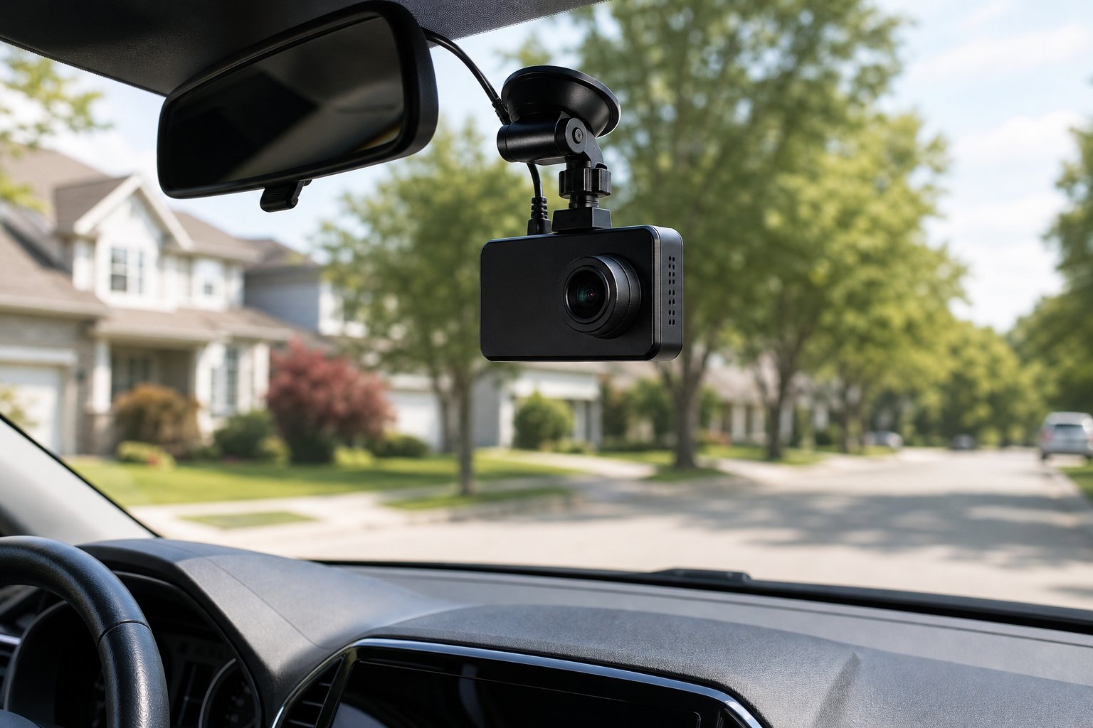 View of a car dashboard with a dash cam mounted on the windshield, showing a suburban street outside.