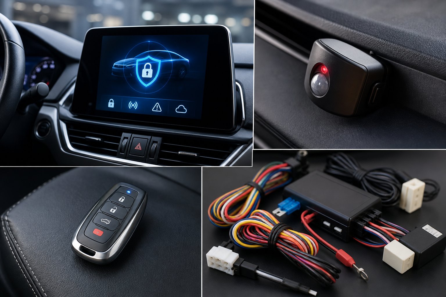 Premium Car Alarms UK 6 Close-up view of a car dashboard with a digital security interface and nearby aftermarket car alarm components including a remote control and sensor devices.