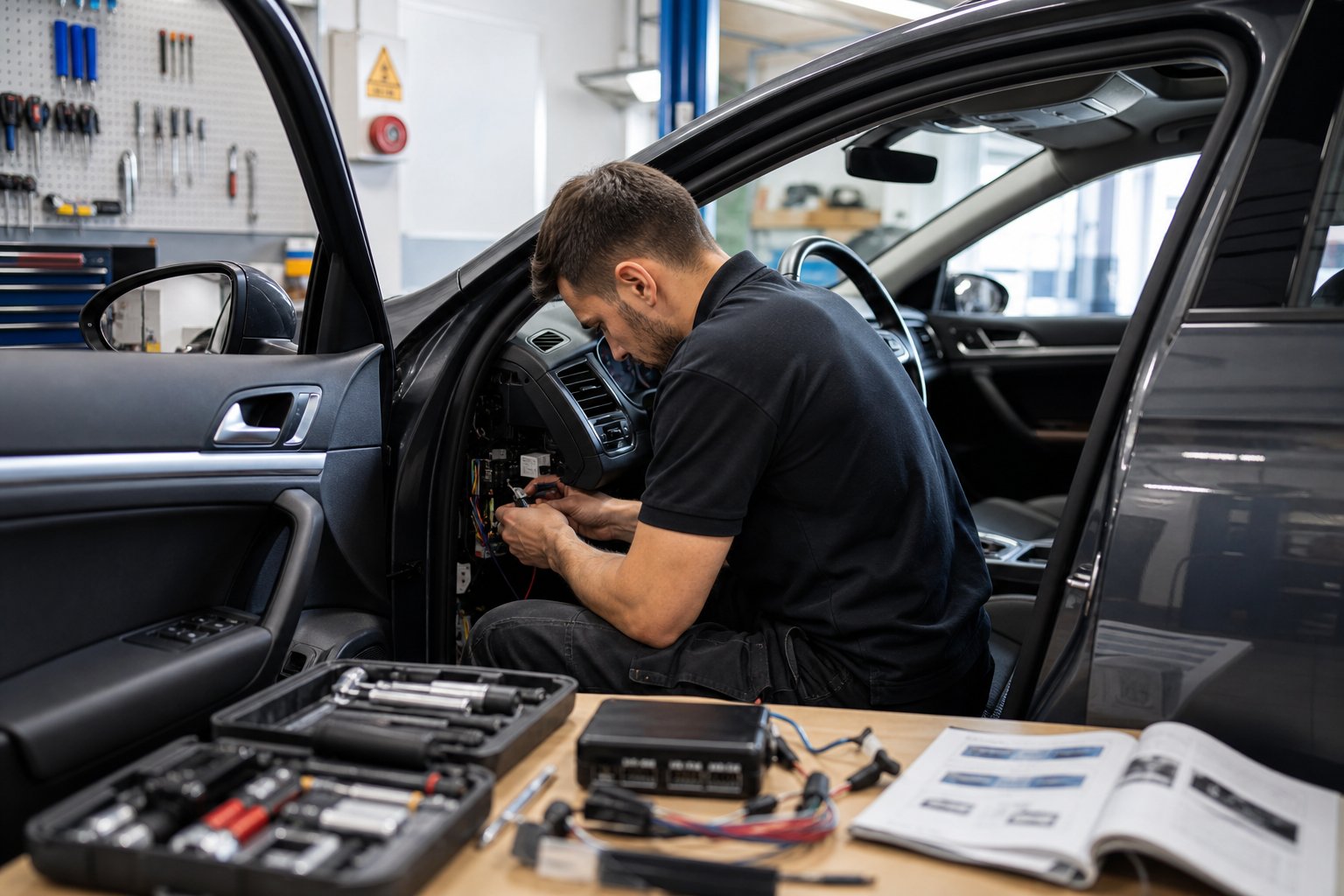 Premium Car Alarms UK 8 A technician installing an aftermarket car alarm system inside a car in a clean, well-lit garage.