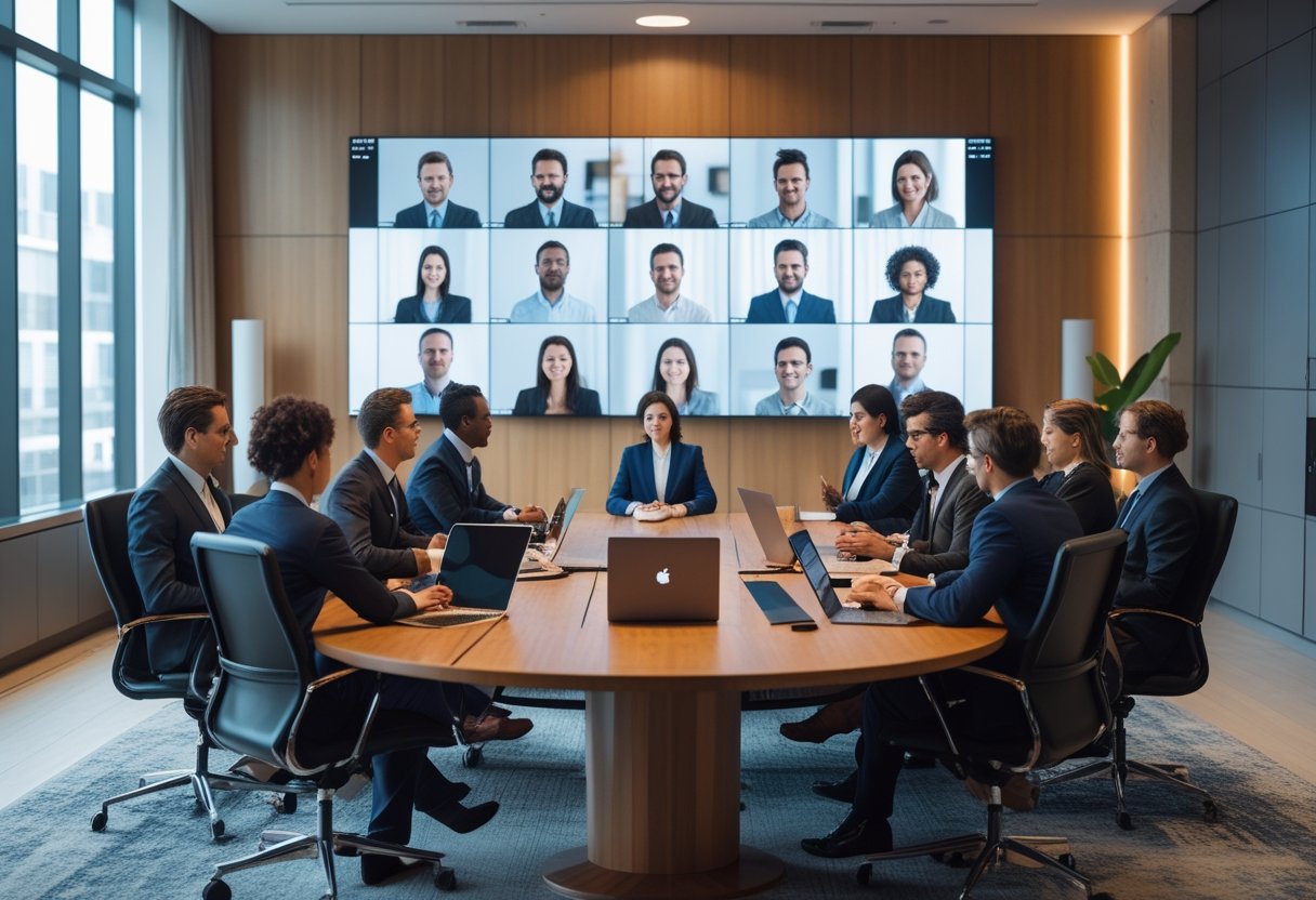 A modern conference room with people collaborating around a table and a large screen showing remote participants in a video call.