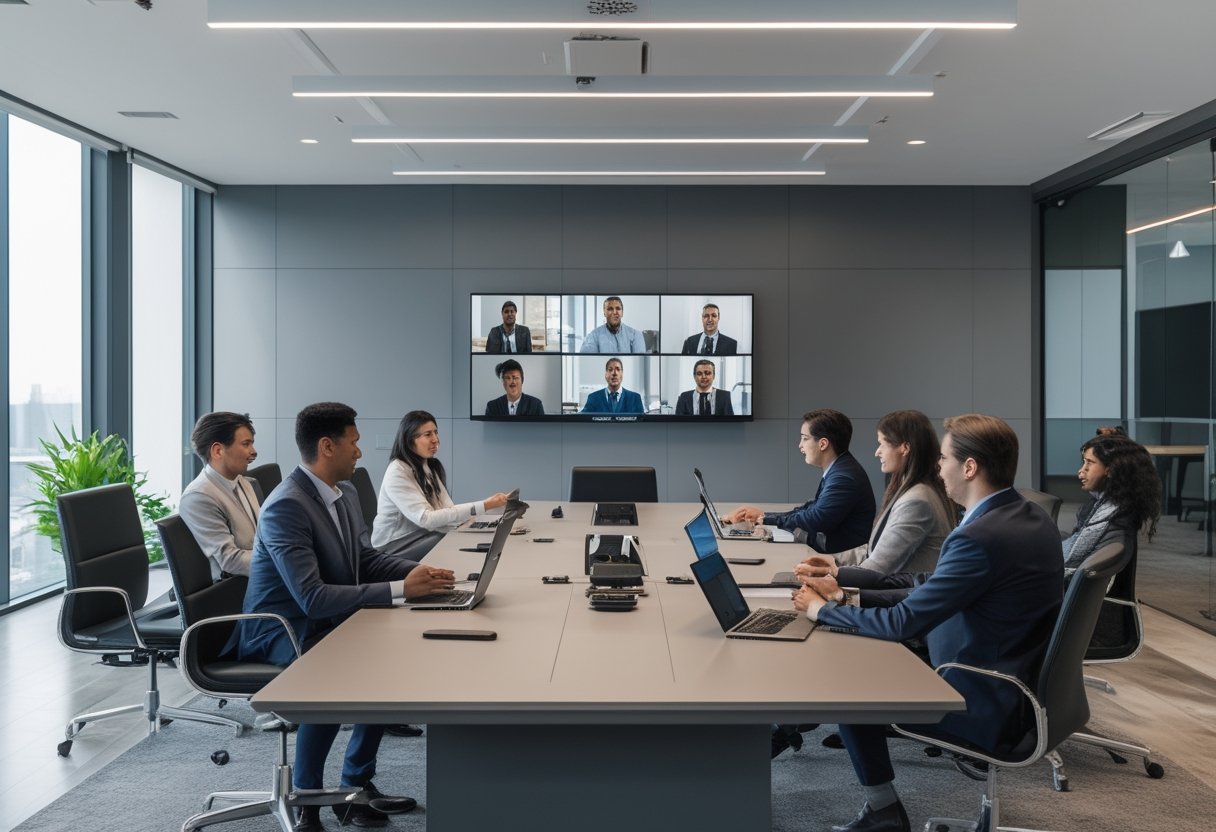A group of professionals in a modern meeting room participating in a video conference with some people present physically and others on a large screen.