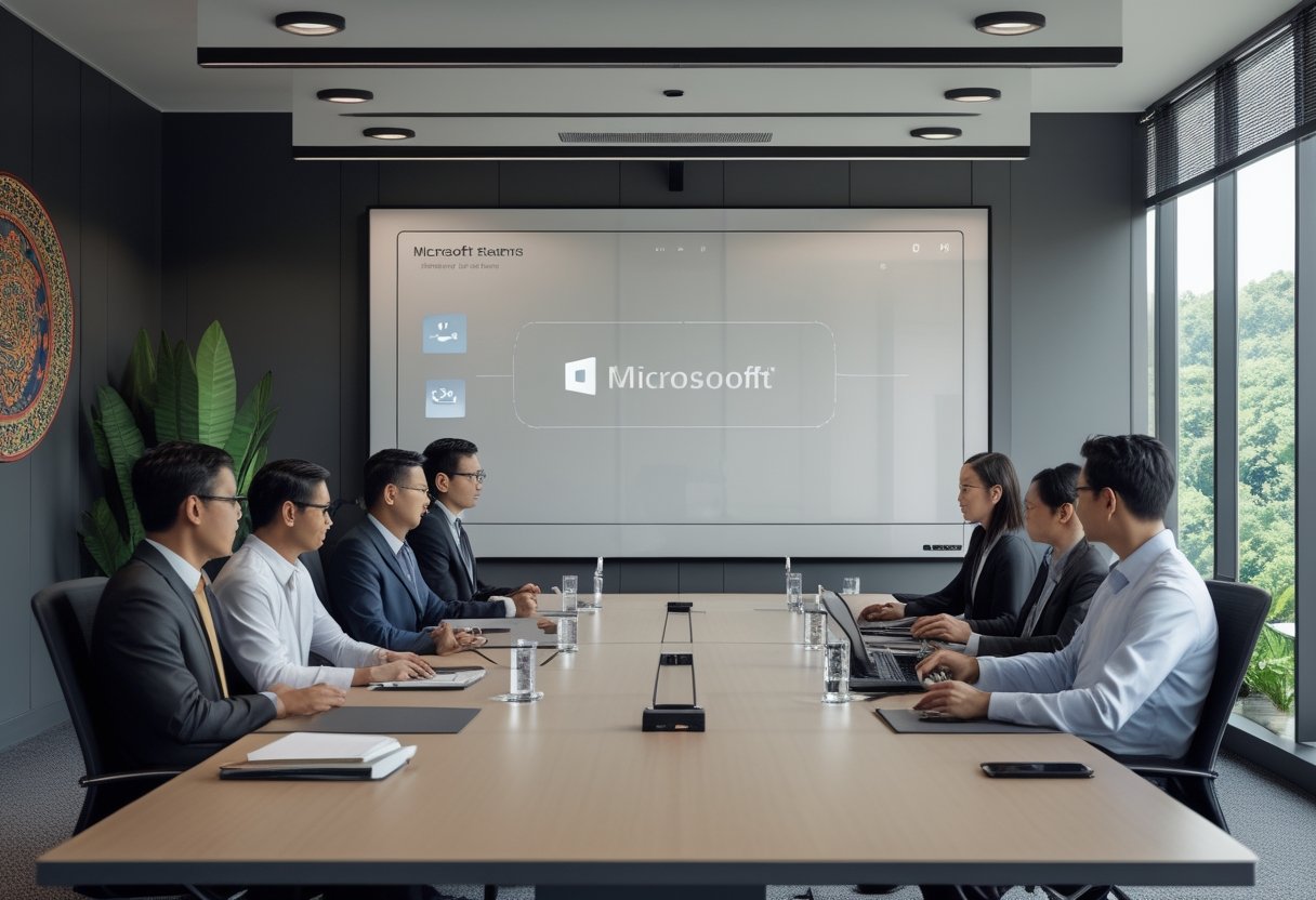 A group of Indonesian business professionals collaborating around a conference table with modern video conferencing equipment in a bright, contemporary meeting room.