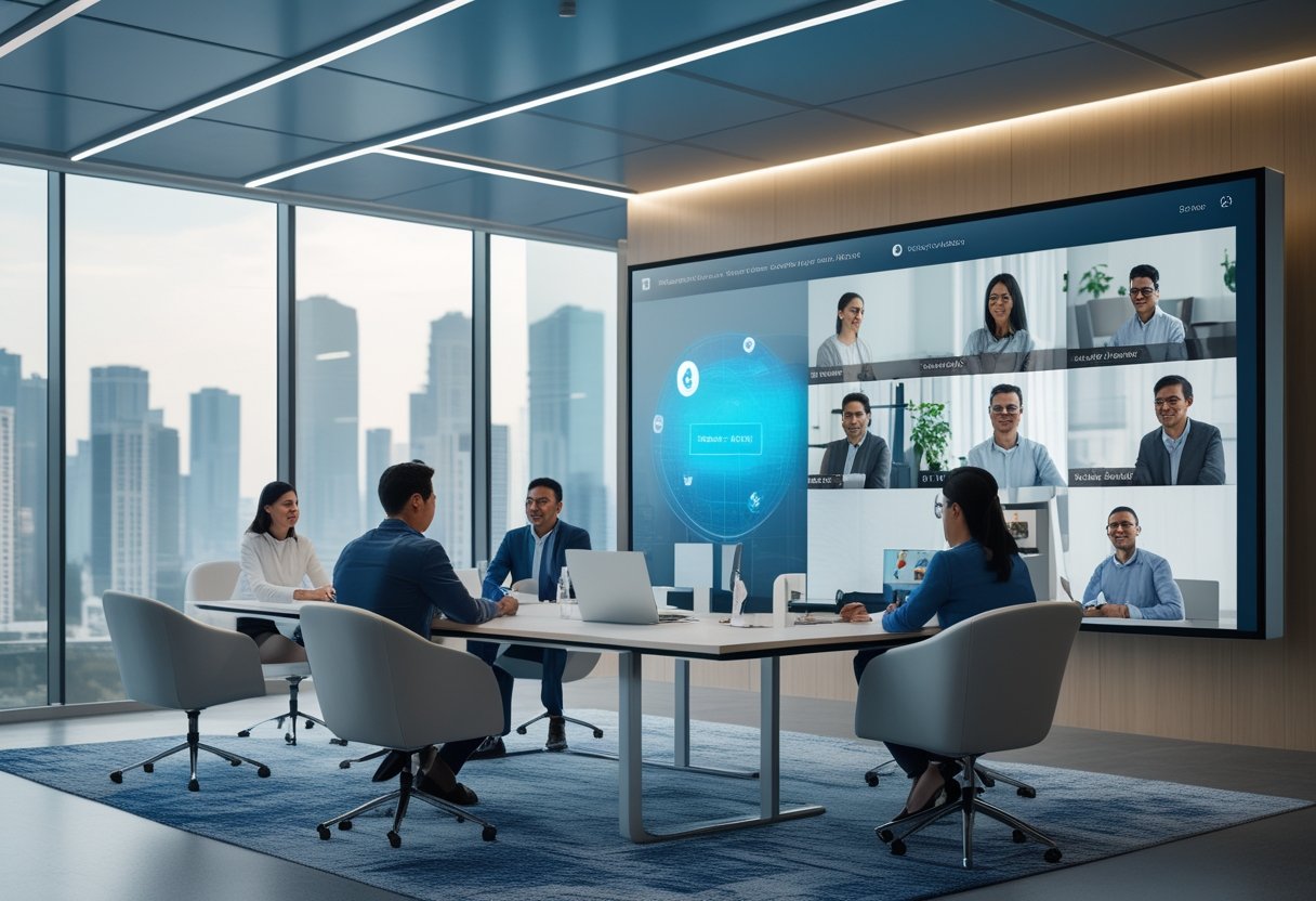 A modern corporate meeting room with business professionals participating in a virtual video conference, featuring large windows overlooking a city skyline.