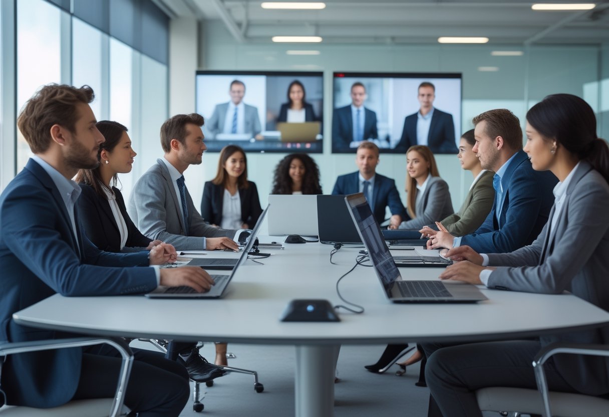 A group of business professionals participating in a hybrid meeting with some people in the room and others joining remotely via large screens.