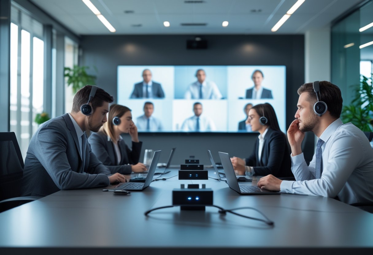 A group of business professionals in a conference room participating in a hybrid meeting with some attendees on a video screen and audio equipment on the table.