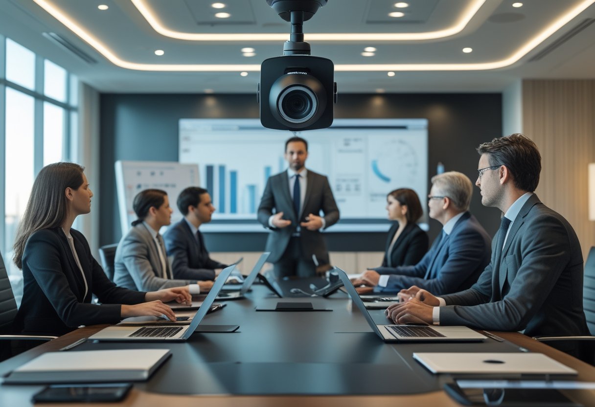 A group of business professionals in a boardroom with a PTZ camera tracking a presenter during a meeting.