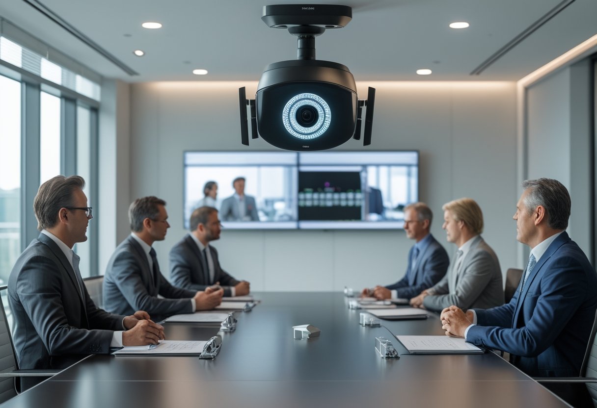 Business leaders in a modern boardroom with a PTZ auto-tracking camera monitoring their meeting.