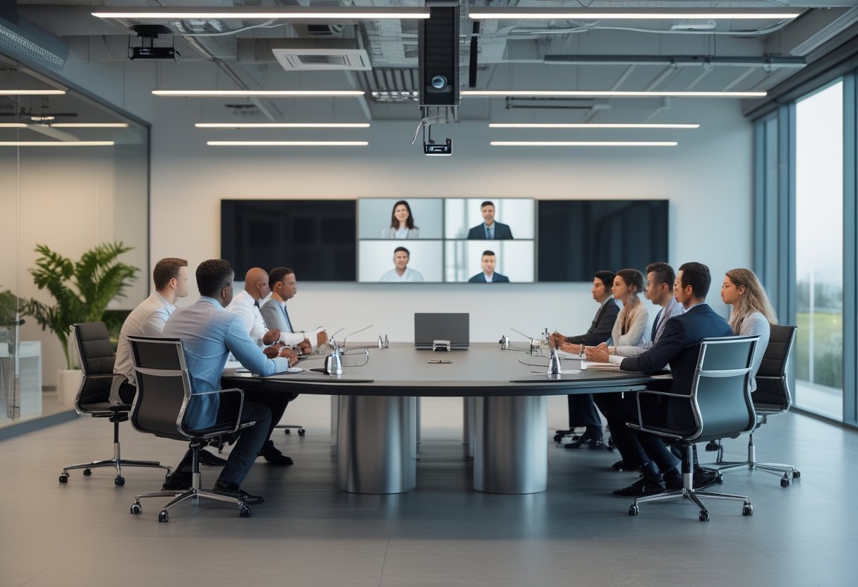 A group of professionals in a modern office having a hybrid meeting with some people in the room and others joining via video call on large screens.