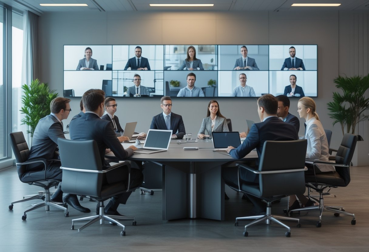 A group of business professionals in a conference room participating in a hybrid meeting with some people physically present and others joining via a large video screen.