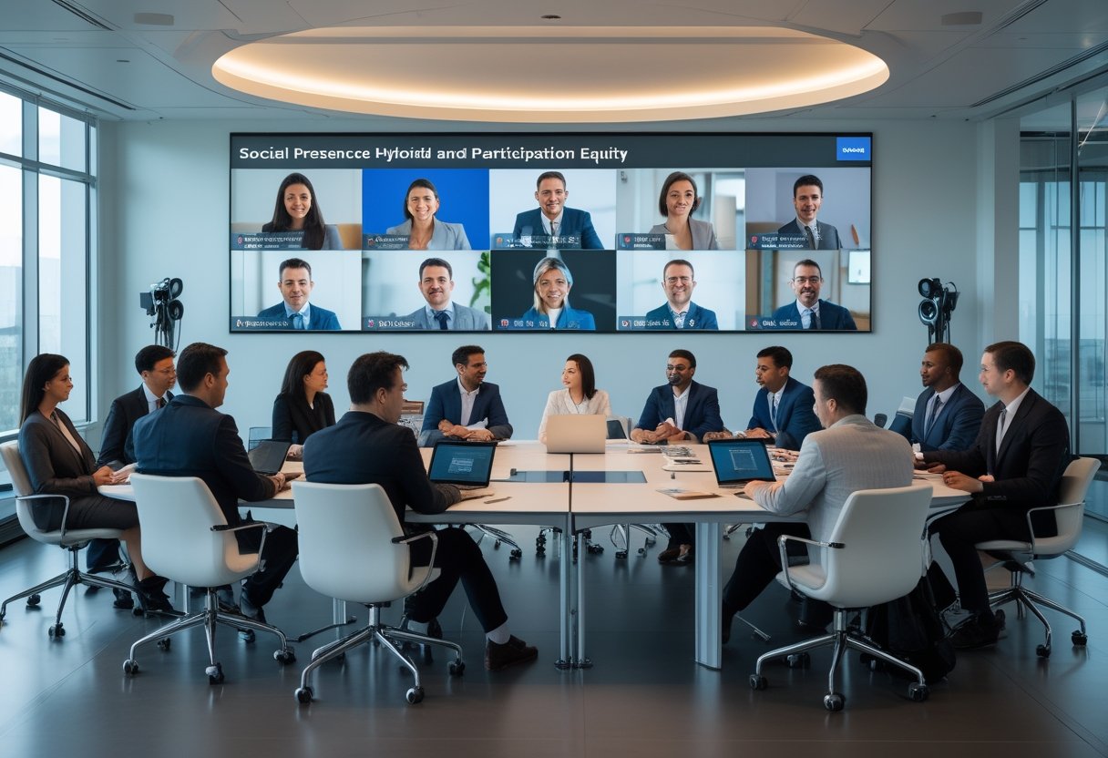 A group of diverse professionals participating in a hybrid meeting with some in a conference room and others joining remotely on a large screen.