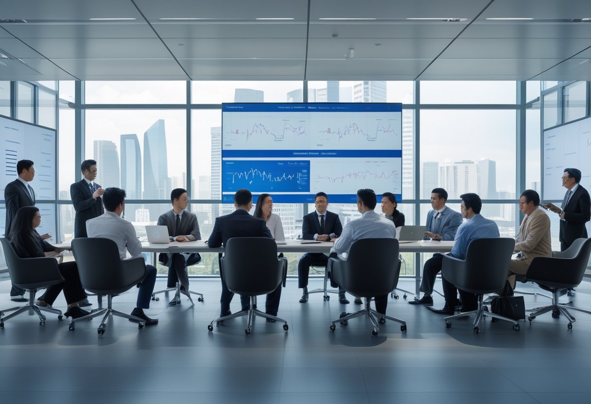 A group of business professionals collaborating in a modern meeting room with digital screens and city views.