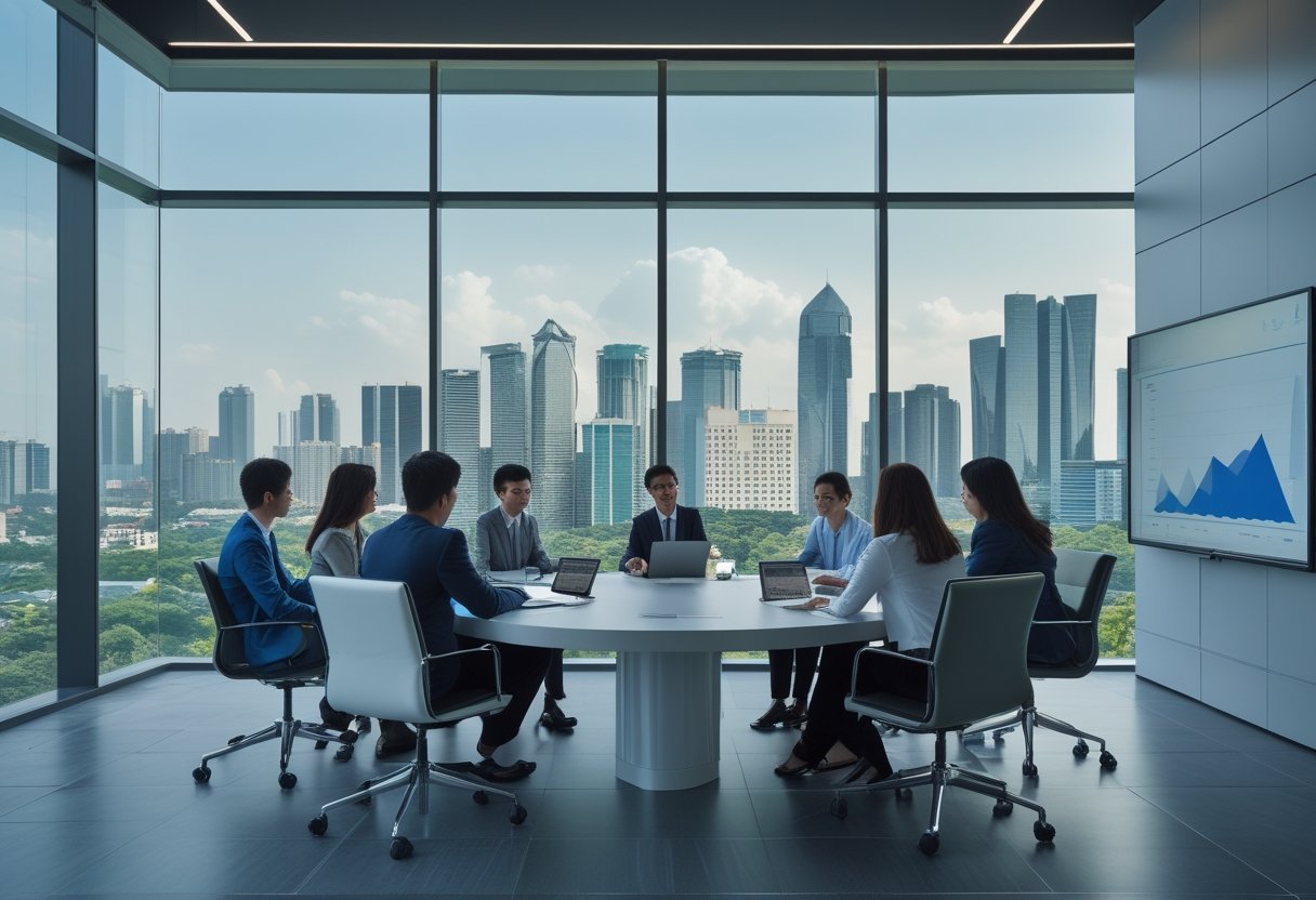 A group of professionals collaborating around a conference table in a modern office with large windows showing Jakarta's city skyline.