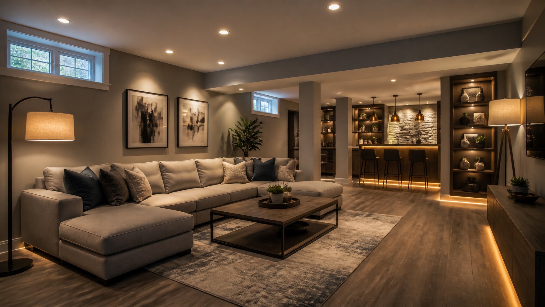 A finished basement living room with various lighting fixtures including recessed lights, pendant lamps, LED strips, and floor lamps illuminating a cozy seating area.