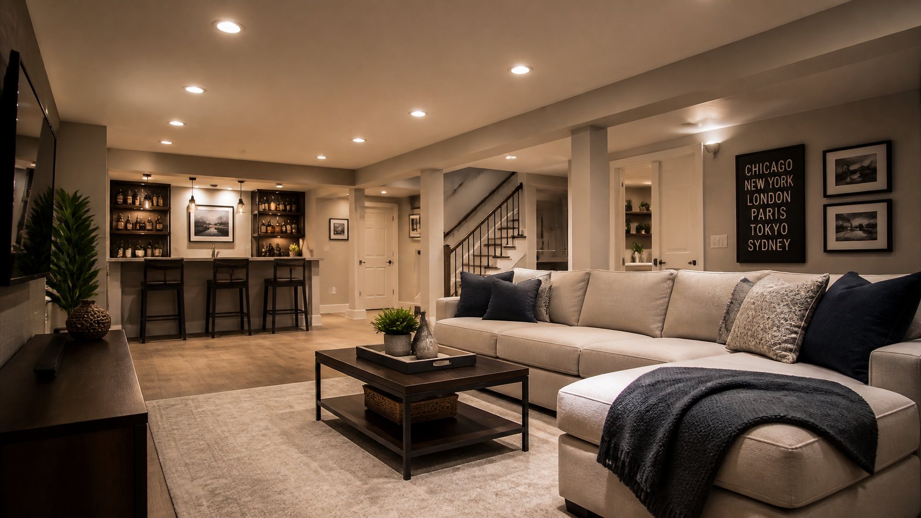 A finished basement room with recessed LED can lights in the ceiling casting a warm glow over comfortable seating and neutral decor.