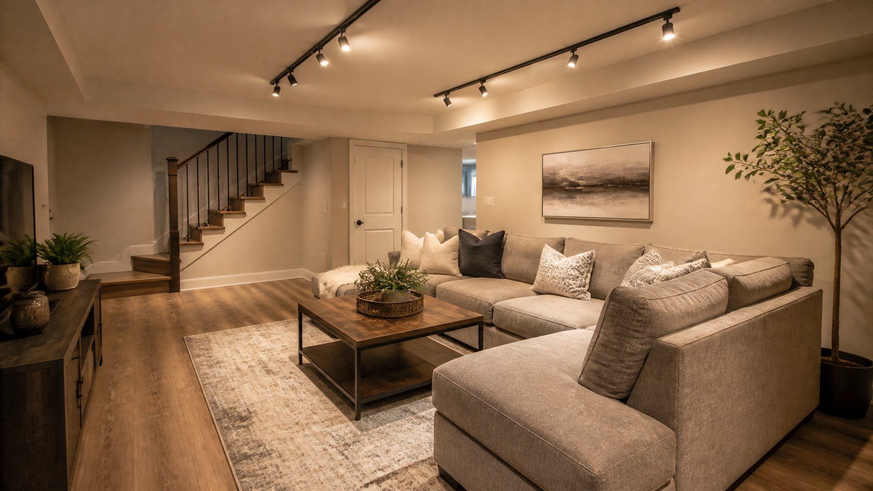 A basement seating area with a sectional sofa illuminated by warm white track lighting.
