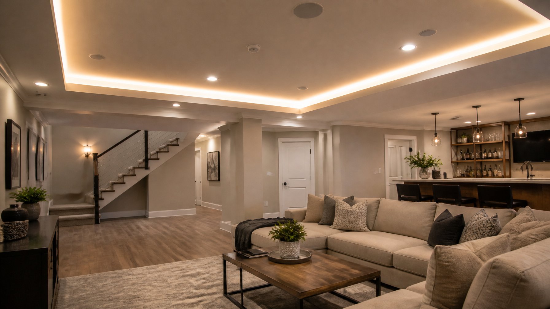 A finished basement room with LED tape lighting installed along ceiling coves, creating a warm and inviting atmosphere.