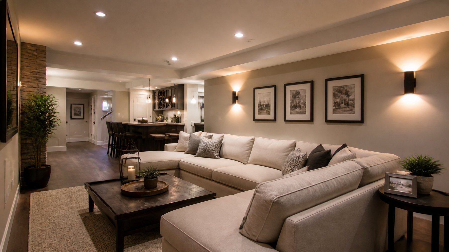 A finished basement room with wall sconces casting light upwards, creating a warm and inviting atmosphere.