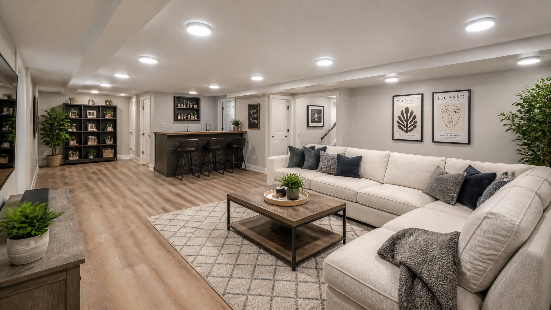 A finished basement living area with flush-mount LED ceiling lights illuminating a cozy seating space with a sofa and coffee table.